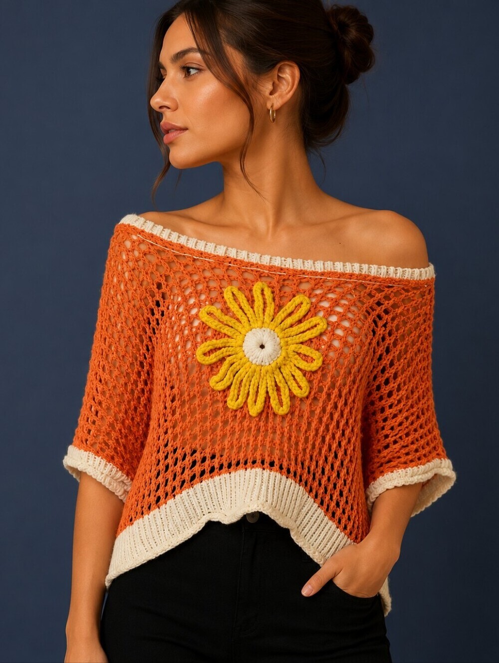 POL Open Crochet Daisy Flower Oversized Off Shoulder Cover-up Festival Sweater